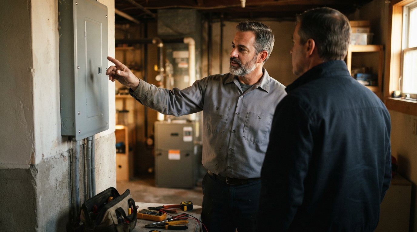 The walkthrough: the electrician's hand raised toward a newly closed-up panel on a utility-room wall, explaining it, while the building's owner stands beside him watching, seen from behind and three-quarters so neither face reads as a portrait. Warm interior light, the panel cover back on, tools still on the floor. No handshake, no thumbs-up, no posing.