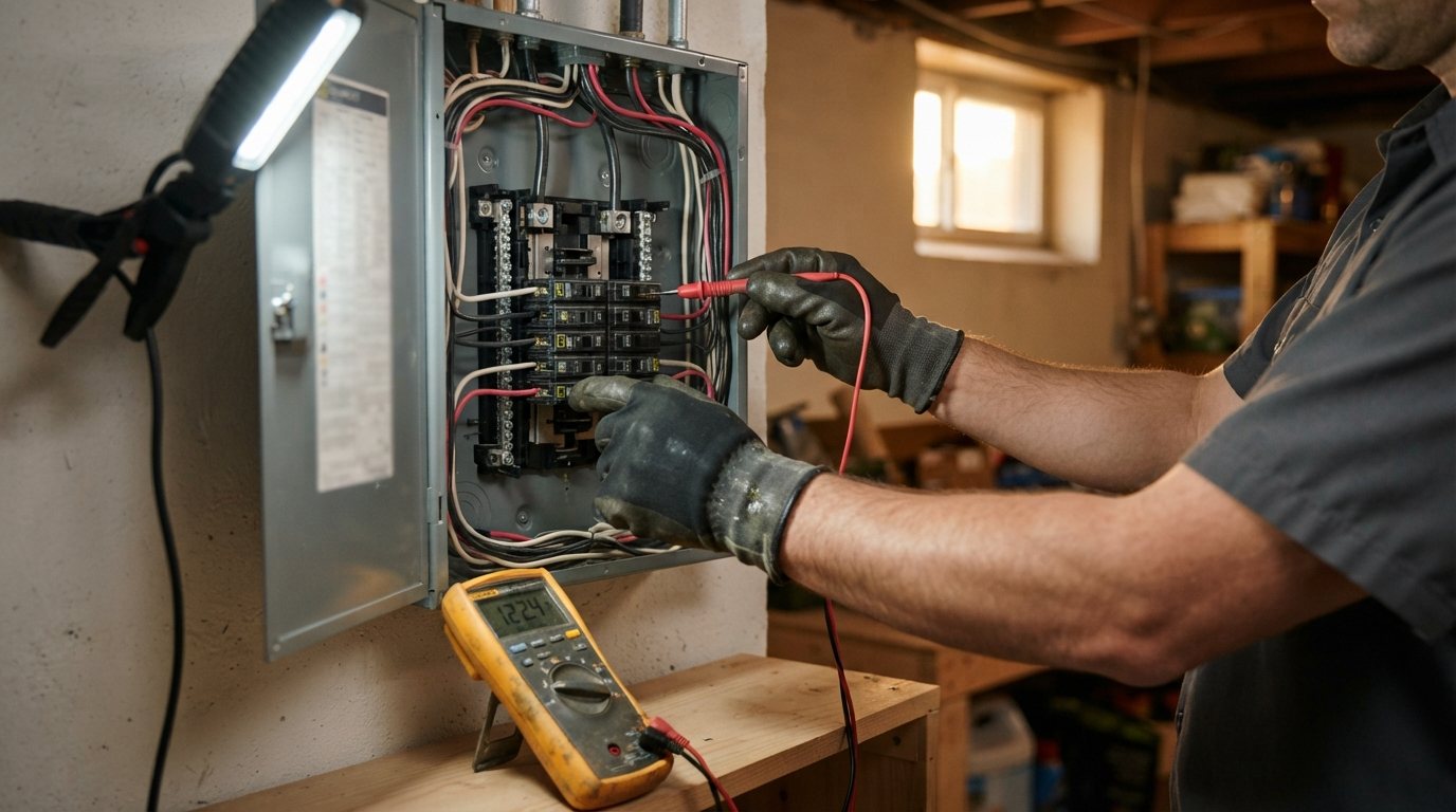 Forearms and work-gloved hands inside an open residential breaker panel with the deadfront removed, a multimeter probe held against a bus lug mid-test; a clamped LED work light throws cool spill across the panel face from the left while warm late-afternoon Chicago sun comes through a basement window behind. Shot slightly close and over the shoulder at eye level, the electrician's face out of frame entirely. The top of the panel sits inside the upper 15% of the frame with almost no headroom above it, so the composition reads whole when shown at full height on a phone. Clean, well-kept panel and tidy conductors; no legible text or numbering on any label or directory card — labels are soft and out of focus.