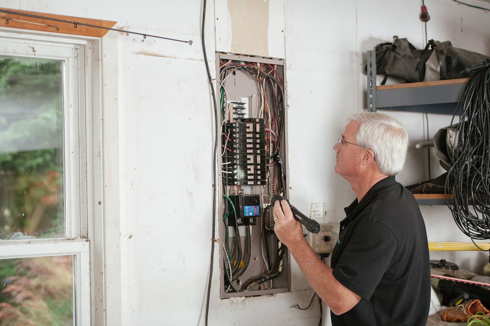 An electrician reaching overhead into an opened stud wall on an occupied job, conduit and cable visible in the cavity, drywall cut away, tool bag and offcuts on the floor, worn everyday workwear — mid-cut, nothing swept for the camera.