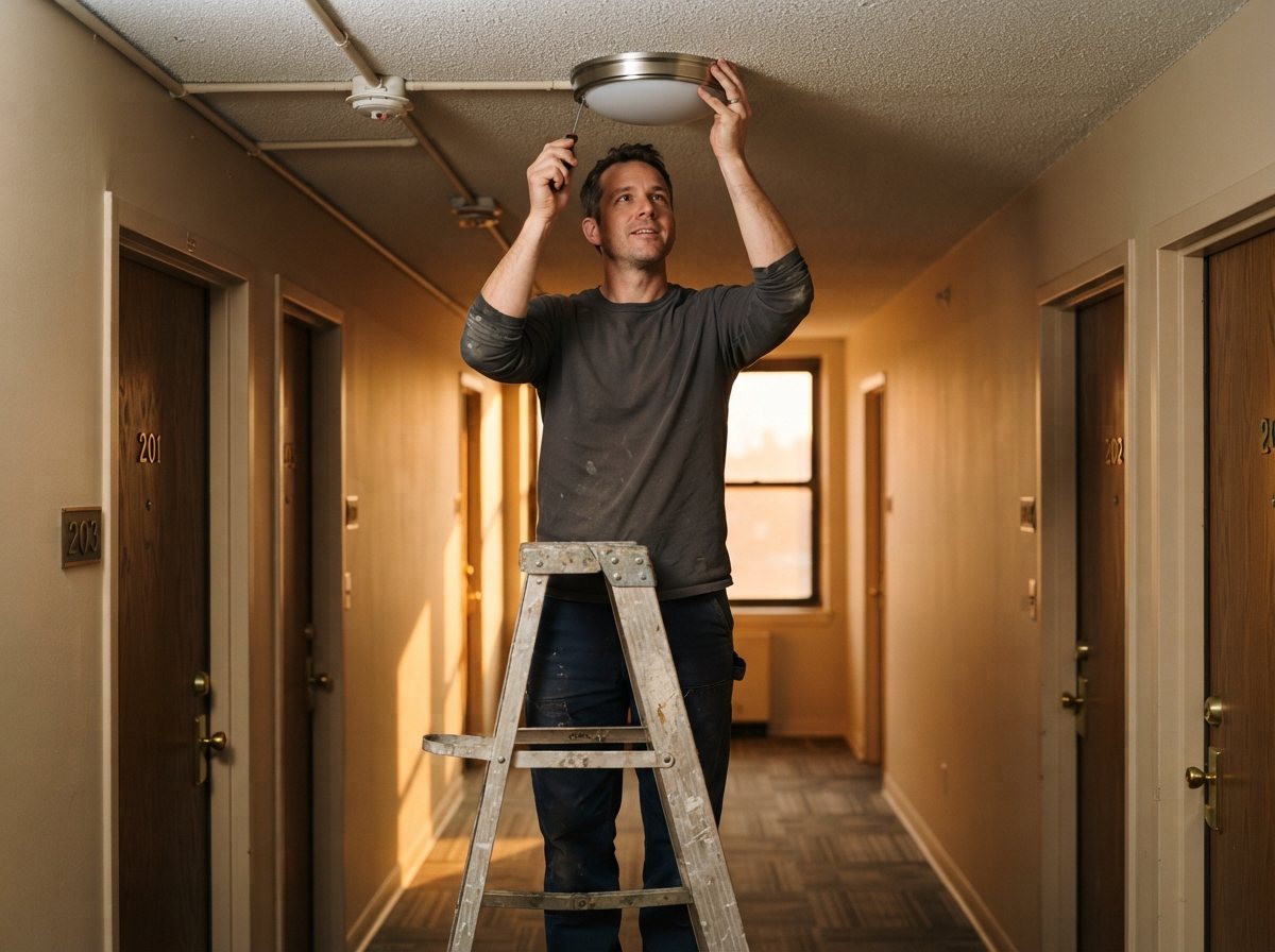 A hand setting a flush ceiling fixture into a finished apartment-building corridor, stepladder foot visible at the frame edge, corridor doors receding behind, warm late-day light coming from a window at the end of the hall. Occupied building, lived-in but well kept.
